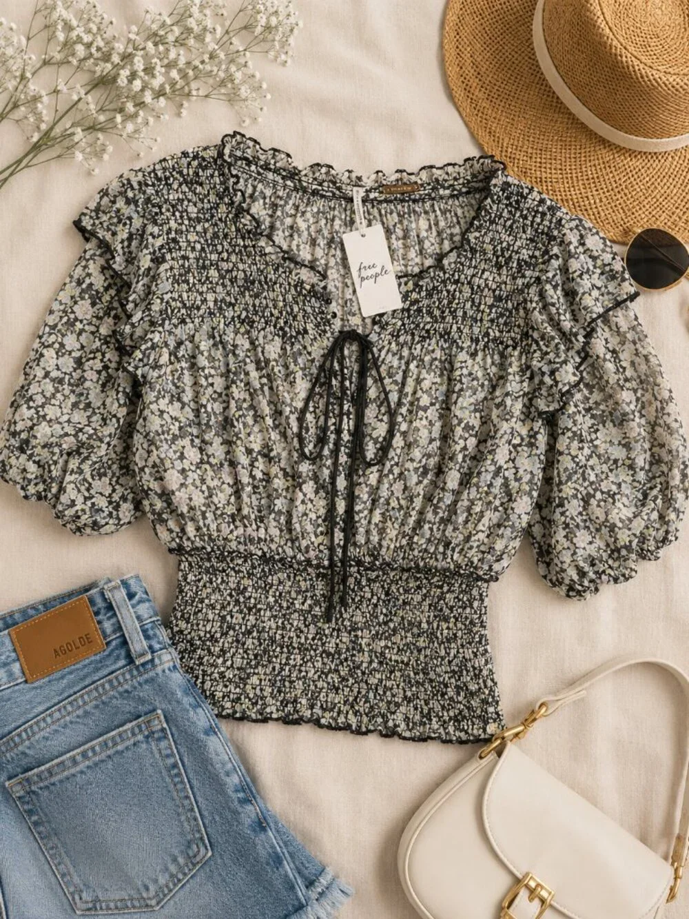Free People NWT Floral Smocked Peplum Blouse Black Ivory Size M